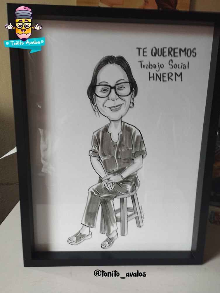 Caricatura manual en grises y enmarcada