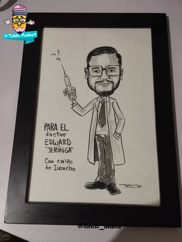 Caricatura manual en grises y enmarcada