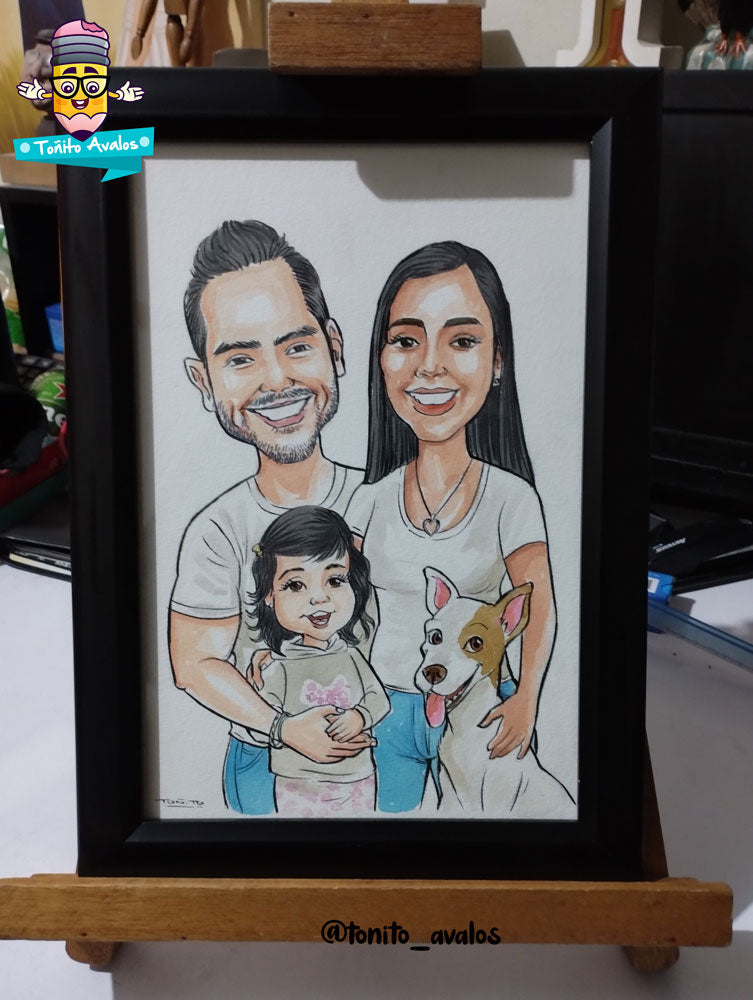 Caricatura manual y a color enmarcada