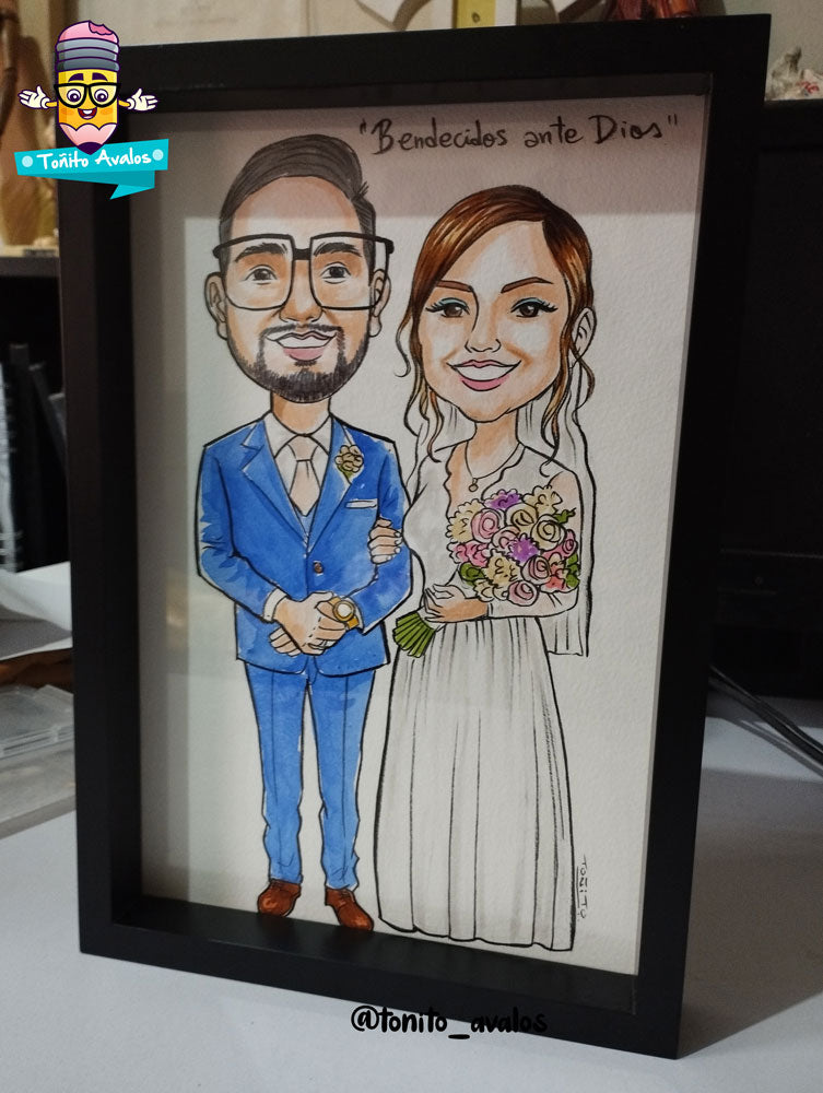 Caricatura manual y a color enmarcada
