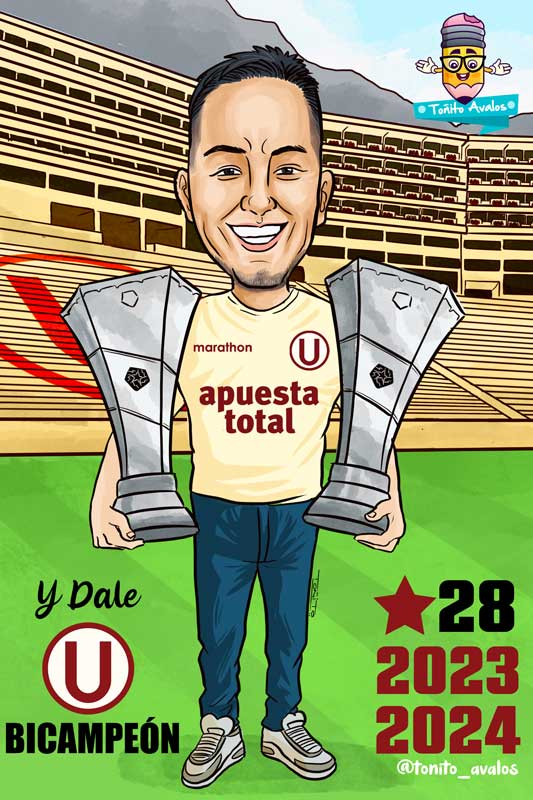 Caricatura personalizada con cuadro Bicampeon Universitario de Deportes