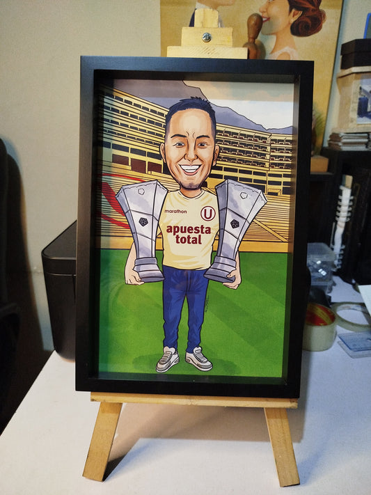 Caricatura personalizada con cuadro Bicampeon Universitario de Deportes